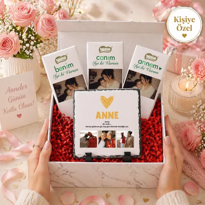 Kişiye Özel Anneler Günü Fotoğraflı Çikolata & Doğal Taş Hediye Kutusu