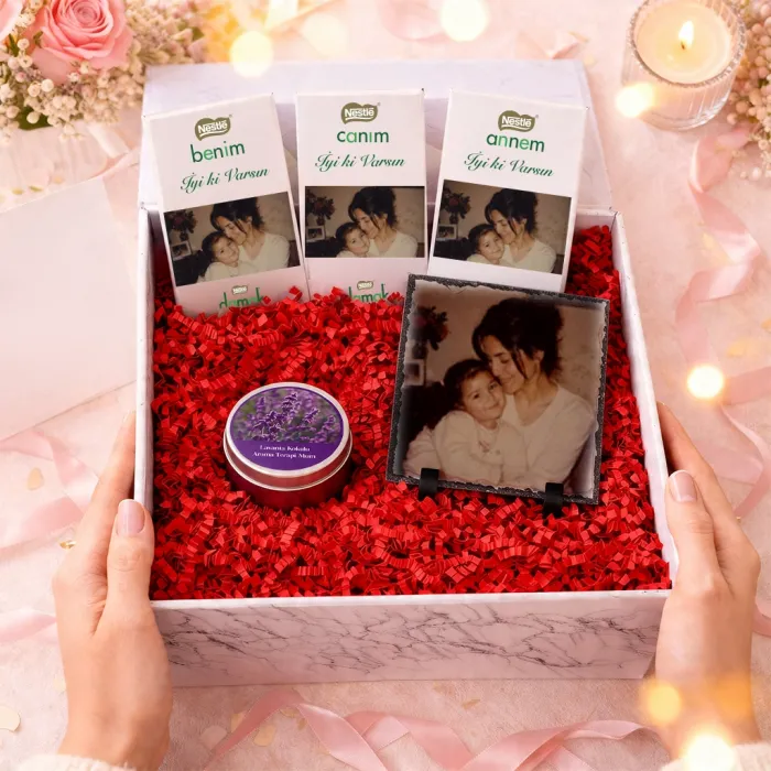 Kişiye Özel Fotoğraflı Çikolata & Doğal Taş & Lavanta Mum Hediye Kutusu