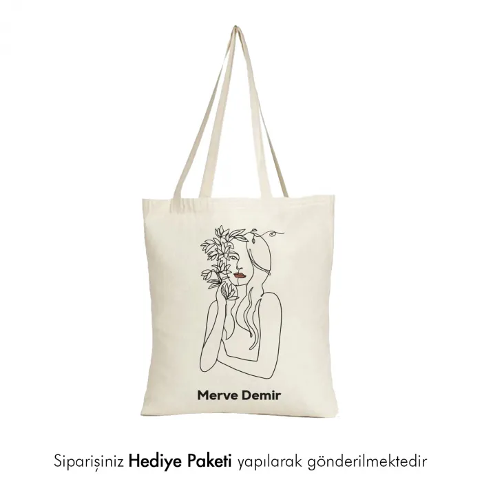 Woman Art Line Tasarımlı Kişiye Özel İsimli Askılı Bez Çanta