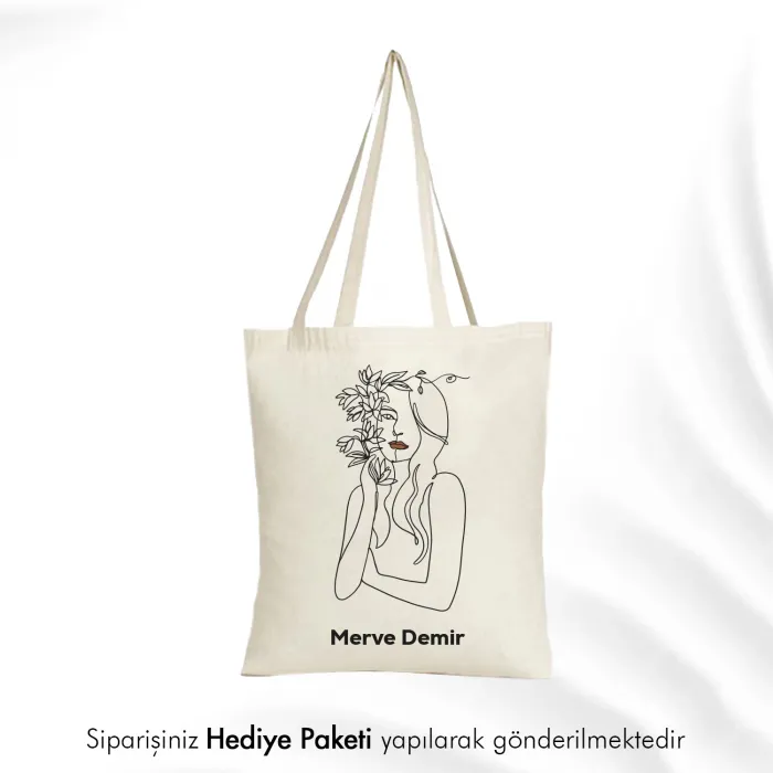 Woman Art Line Tasarımlı Kişiye Özel İsimli Askılı Bez Çanta