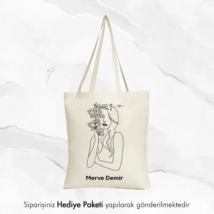 Woman Art Line Tasarımlı Kişiye Özel İsimli Askılı Bez Çanta