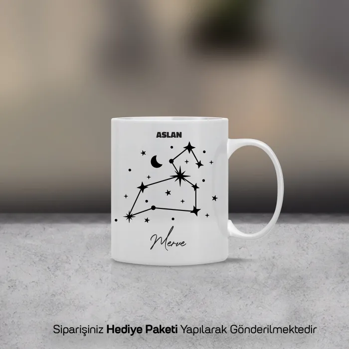 Aslan Burcu Yıldız Haritalı Kişiye Özel İsimli Kupa Bardak