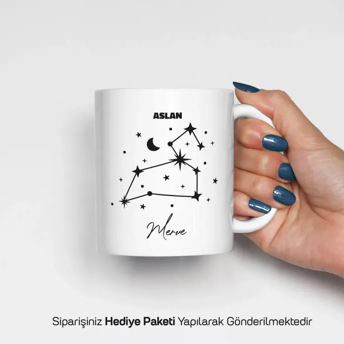 Aslan Burcu Yıldız Haritalı Kişiye Özel İsimli Kupa Bardak