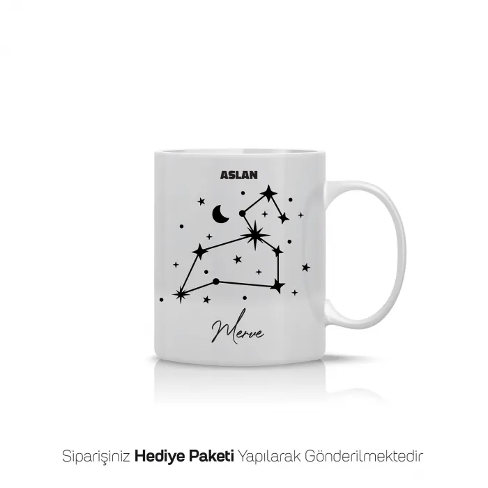 Aslan Burcu Yıldız Haritalı Kişiye Özel İsimli Kupa Bardak