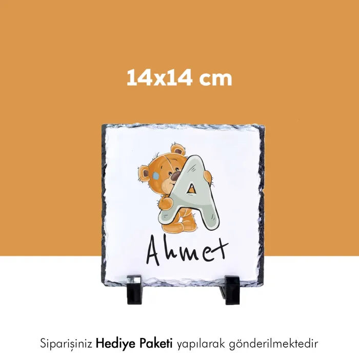 Ayıcıklı Harf Tasarımlı Kişiye Özel Baskılı Doğal Taş