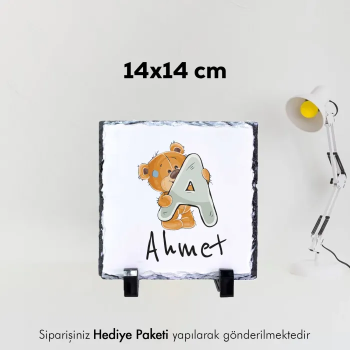 Ayıcıklı Harf Tasarımlı Kişiye Özel Baskılı Doğal Taş