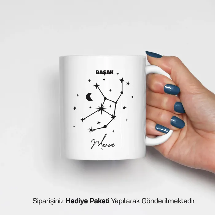 Başak Burcu Yıldız Haritalı Kişiye Özel İsimli Kupa Bardak