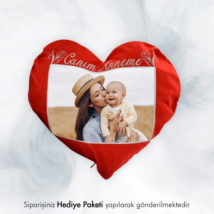 Canım Anneme Özel Fotoğraf Baskılı Kalpli Yastık