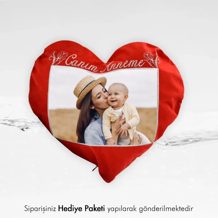 Canım Anneme Özel Fotoğraf Baskılı Kalpli Yastık