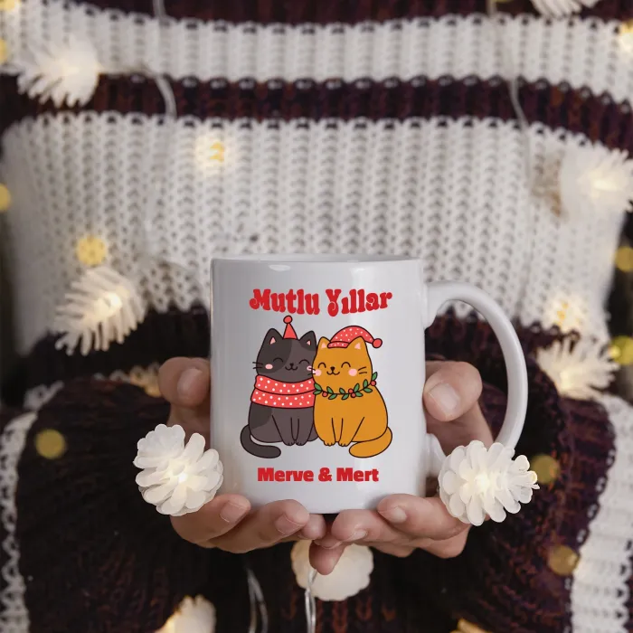 Çiftlere Özel İsimli Noel Kedileri Kupası