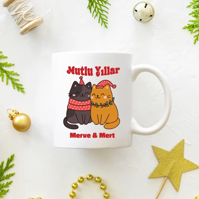 Çiftlere Özel İsimli Noel Kedileri Kupası