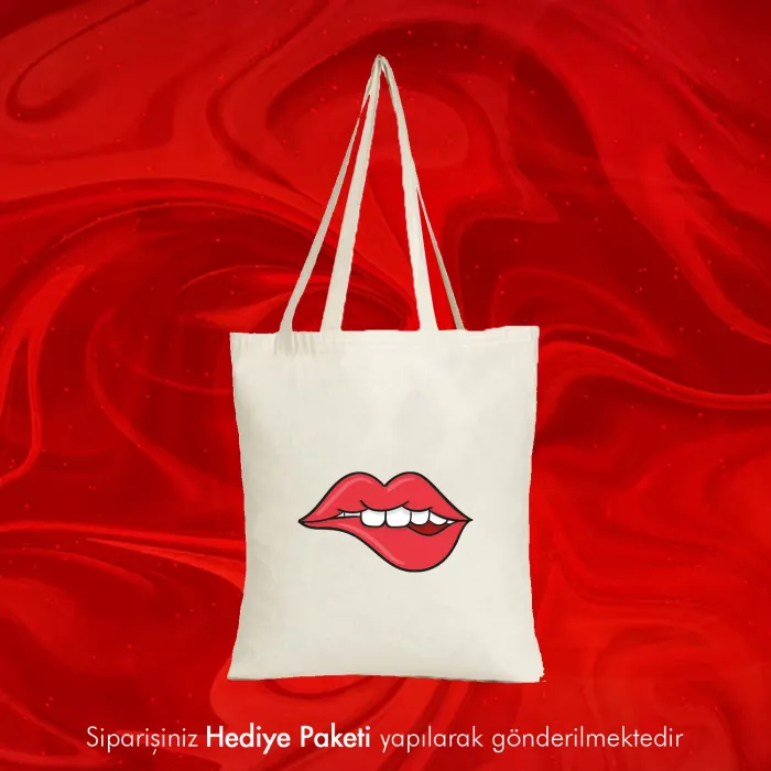 Dudak Tasarımlı Askılı Bez Çanta