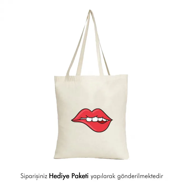 Dudak Tasarımlı Askılı Bez Çanta