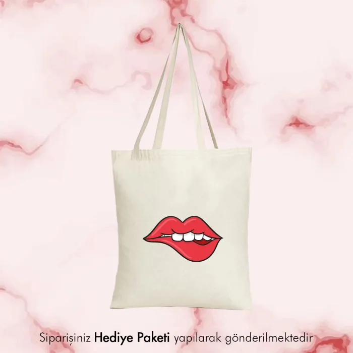 Dudak Tasarımlı Askılı Bez Çanta