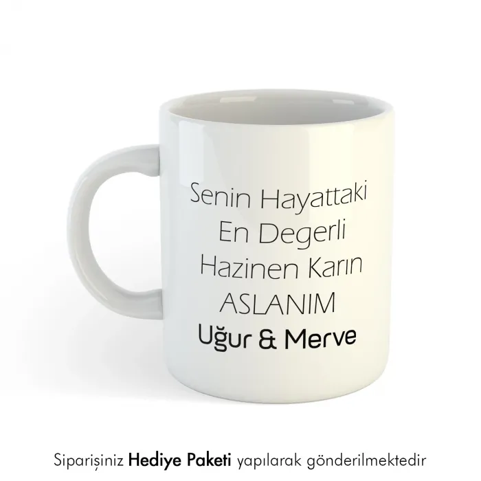 En Değerli Hazinen Karın Aslanım Yazılı Kişiye Özel İsimli Hediye Kupa