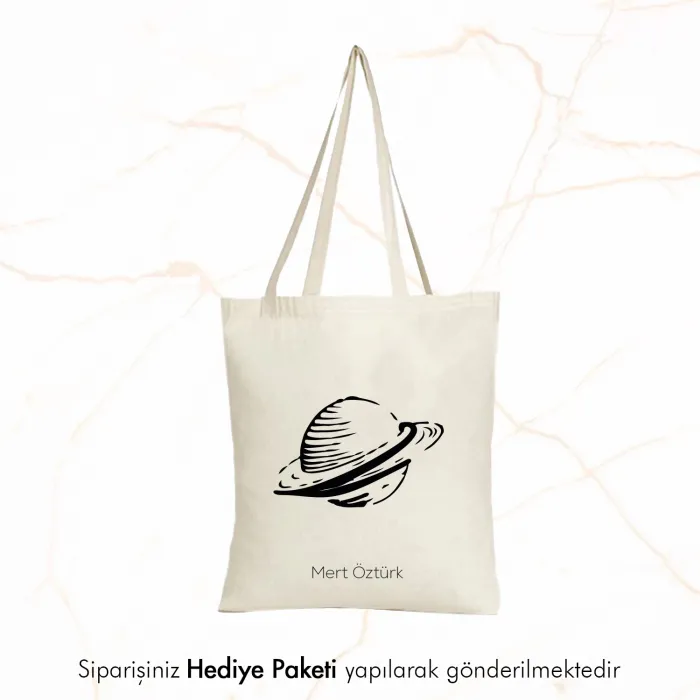 Gezegen Tasarımlı Kişiye Özel İsimli Askılı Bez Çanta
