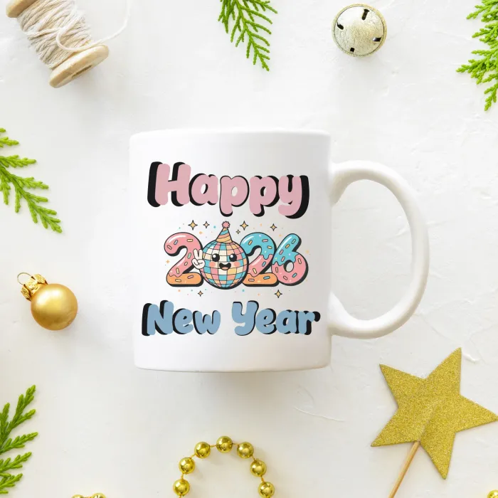 Happy New Year 2026 Desenli Yılbaşı Hediyesi Kupa Bardak