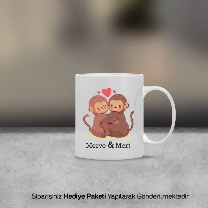 Sarılan Maymunlar Kişiye Özel İsimli Kupa Bardak