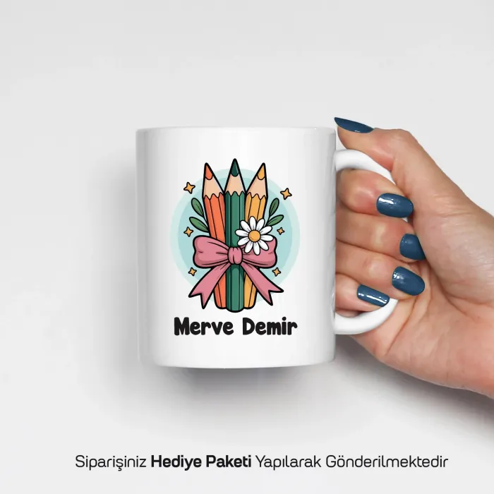 İsme Özel Papatyalı Kalem Kupa Bardak