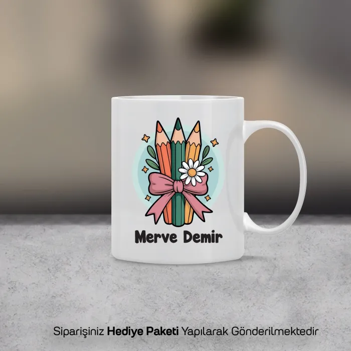 İsme Özel Papatyalı Kalem Kupa Bardak