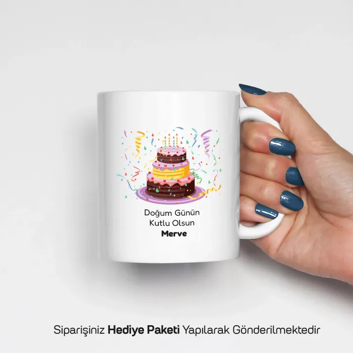 Konfetili Pasta Temalı Kişiye Özel İsimli Kupa Bardak