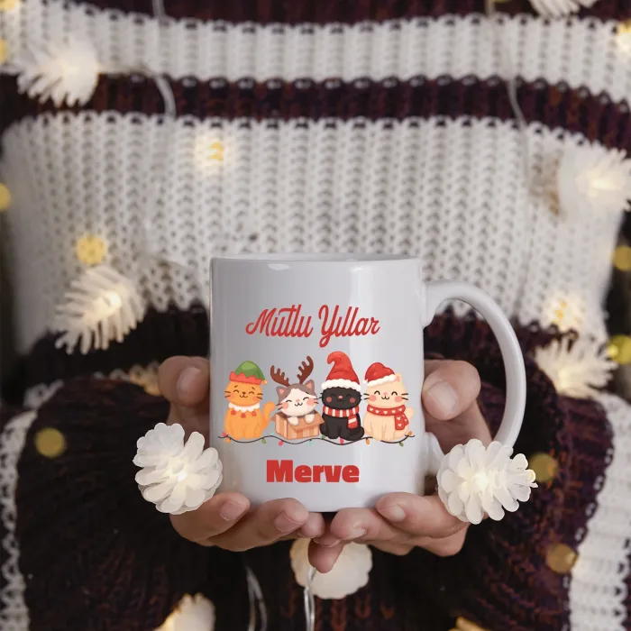 Kedi Severlere Özel İsimli Mutlu Yıllar Kupası