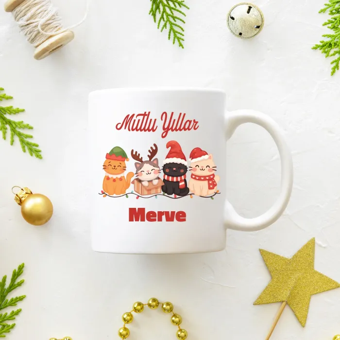 Kedi Severlere Özel İsimli Mutlu Yıllar Kupası