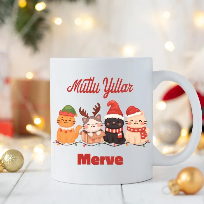 Kedi Severlere Özel İsimli Mutlu Yıllar Kupası