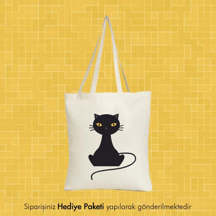 Kedi Tasarımlı Askılı Bez Çanta