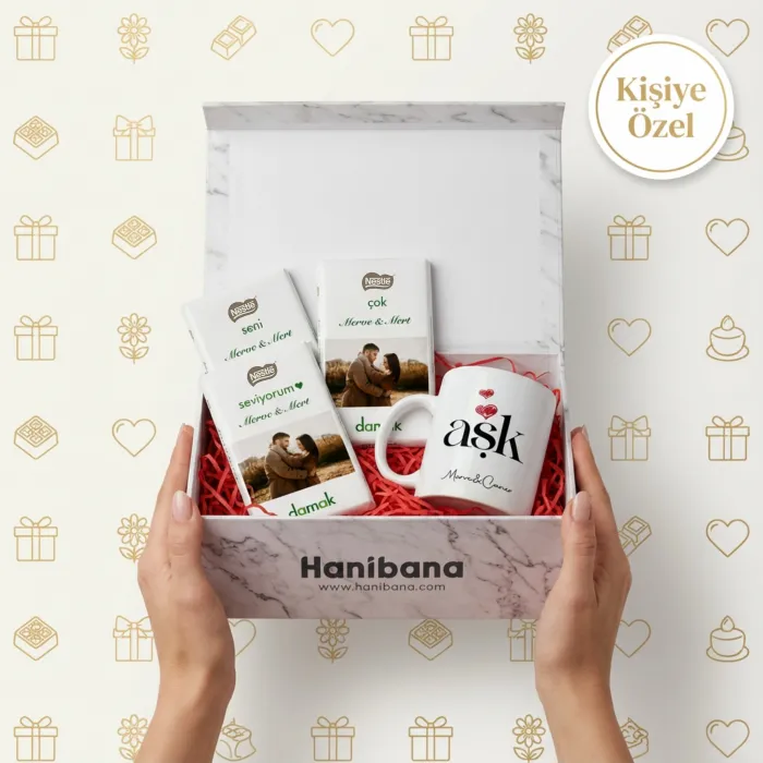 Kişiye Özel Aşk Kupa ve Fotoğraflı Çikolata Hediye Kutusu