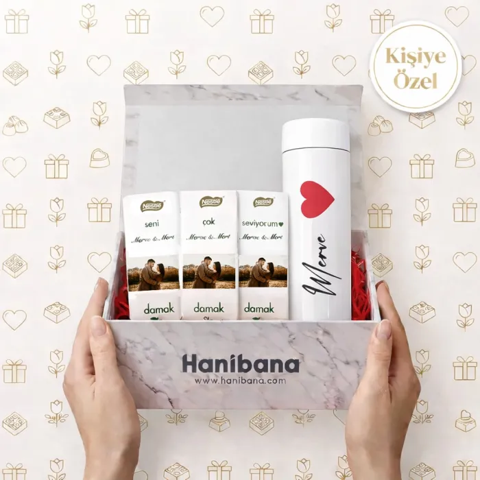 Kişiye Özel Beyaz Termos & 3’lü Fotoğraflı Çikolata Hediye Kutusu