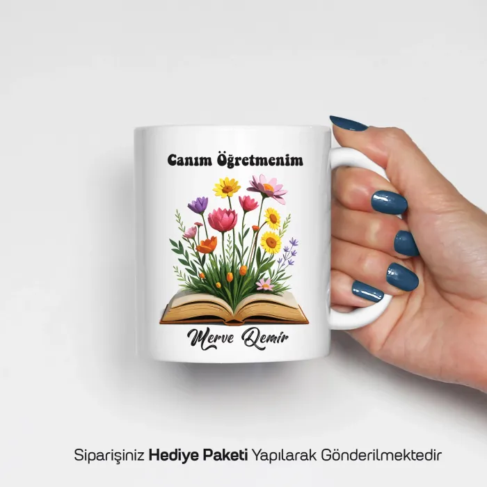 Kişiye Özel Çiçekli Kitap Öğretmen Kupası