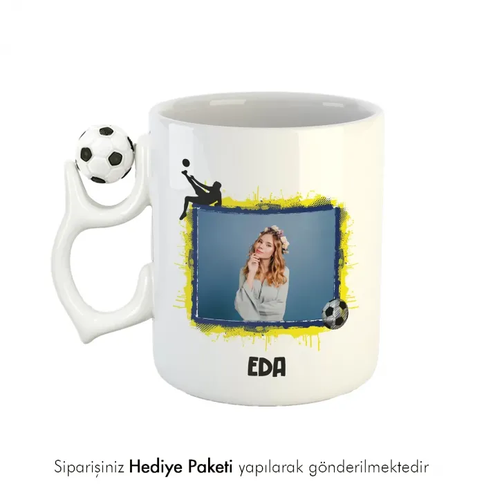 Kişiye Özel Fotoğraflı Futbol Toplu Sarı Lacivert Hediye Kupa Bardak