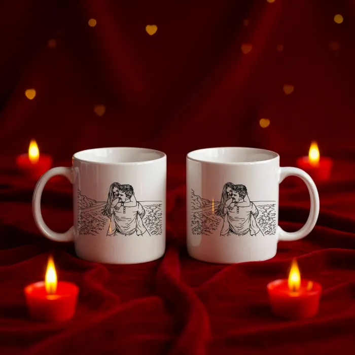 Kişiye Özel Fotoğraflı Line Art Çift Kupa Seti