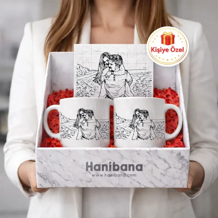 Kişiye Özel Fotoğraflı Line Art Puzzle (24 Parça) ve 2’li Kupa Hediye Seti