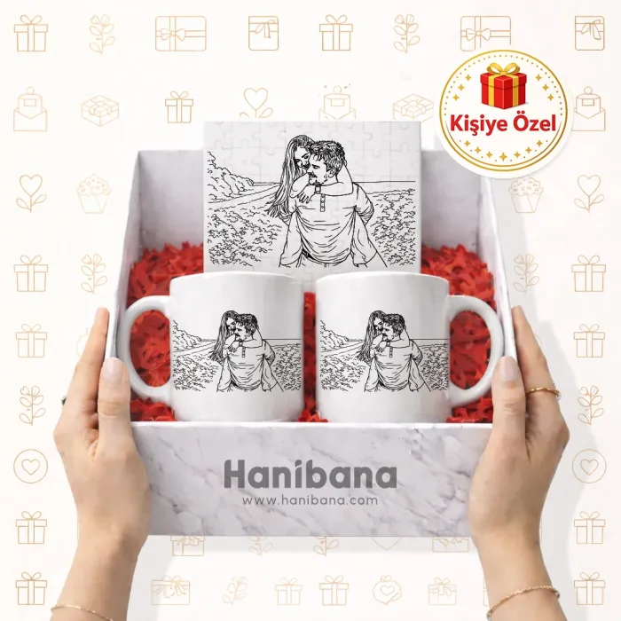 Kişiye Özel Fotoğraflı Line Art Puzzle (24 Parça) ve 2’li Kupa Hediye Seti
