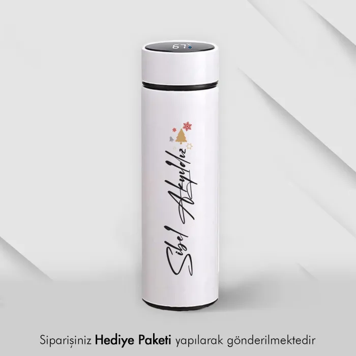 Kişiye Özel Hediye Dijital Göstergeli Beyaz Çelik Termos
