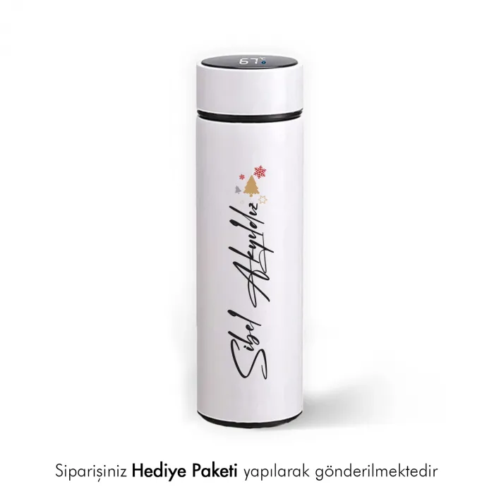 Kişiye Özel Hediye Dijital Göstergeli Beyaz Çelik Termos