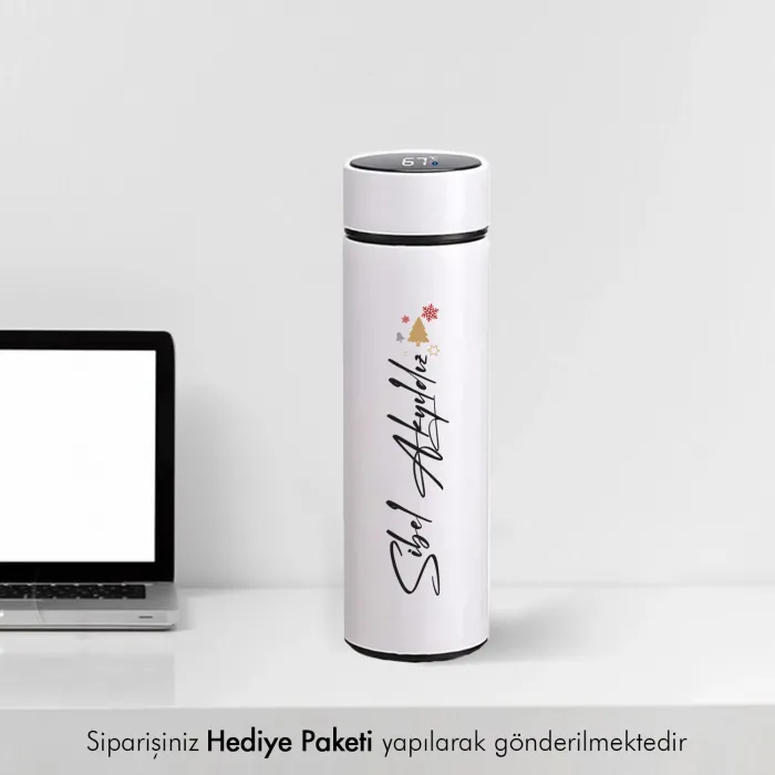 Kişiye Özel Hediye Dijital Göstergeli Beyaz Çelik Termos