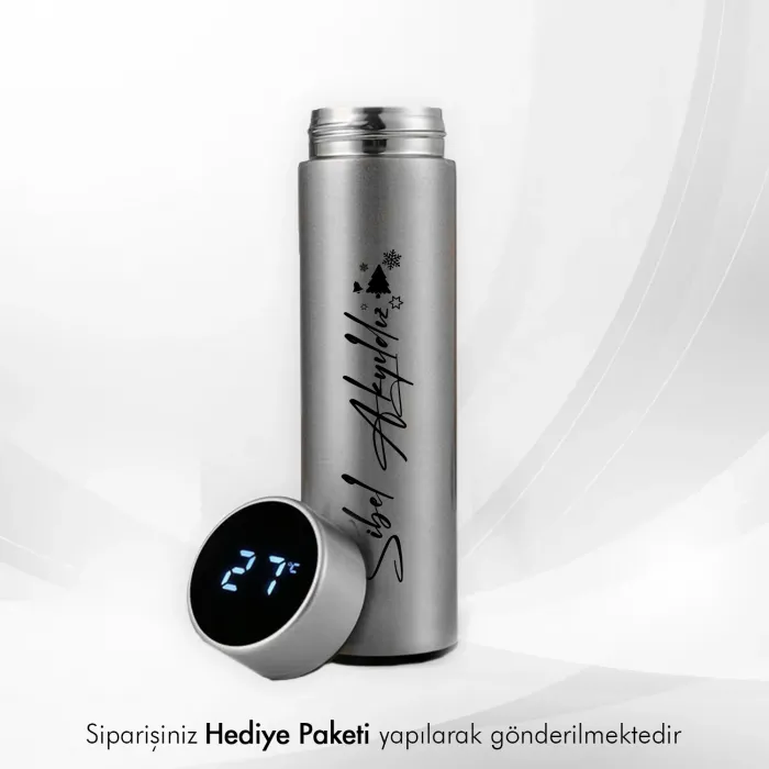 Kişiye Özel Hediye Dijital Göstergeli Gri Çelik Termos