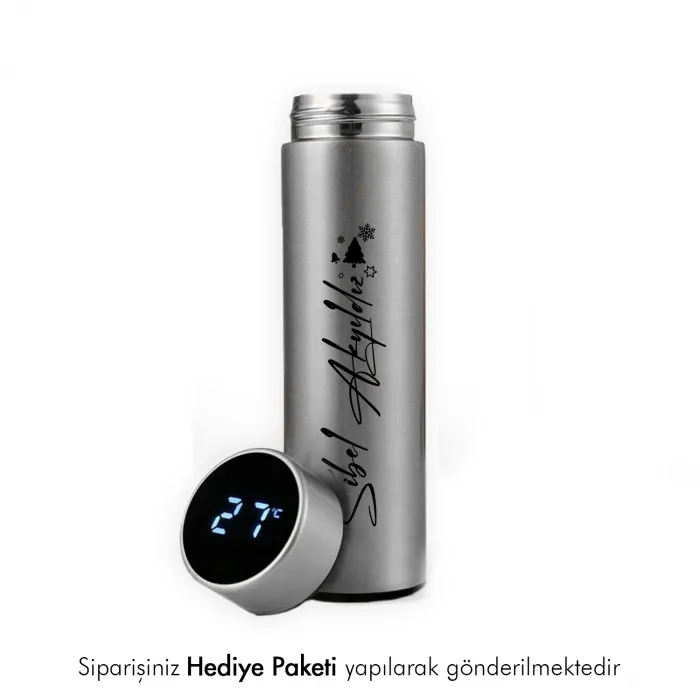 Kişiye Özel Hediye Dijital Göstergeli Gri Çelik Termos
