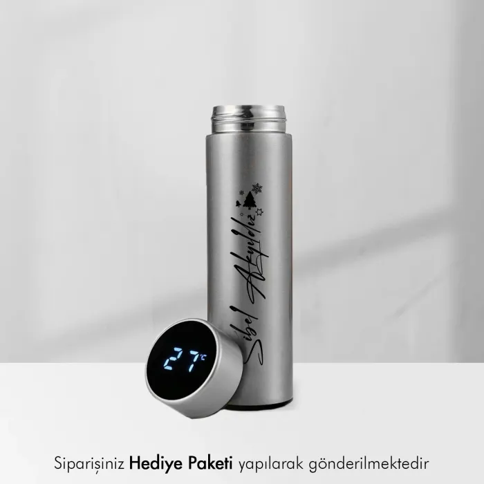 Kişiye Özel Hediye Dijital Göstergeli Gri Çelik Termos