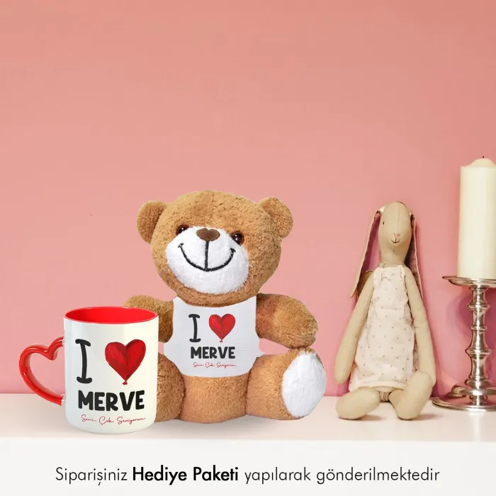 Sevgiliye Özel İsim Baskılı Hediye Peluş Ayıcık Kupa Seti