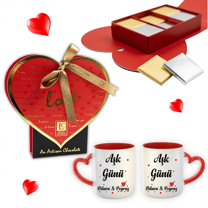 Sevgiliye Özel Kırmızı Fincan ve Happy Valentines Day Madlen Çikolata