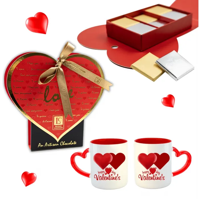 Sevgililer Gününe Özel Kupa ve Happy Valentines Day Madlen Çikolata