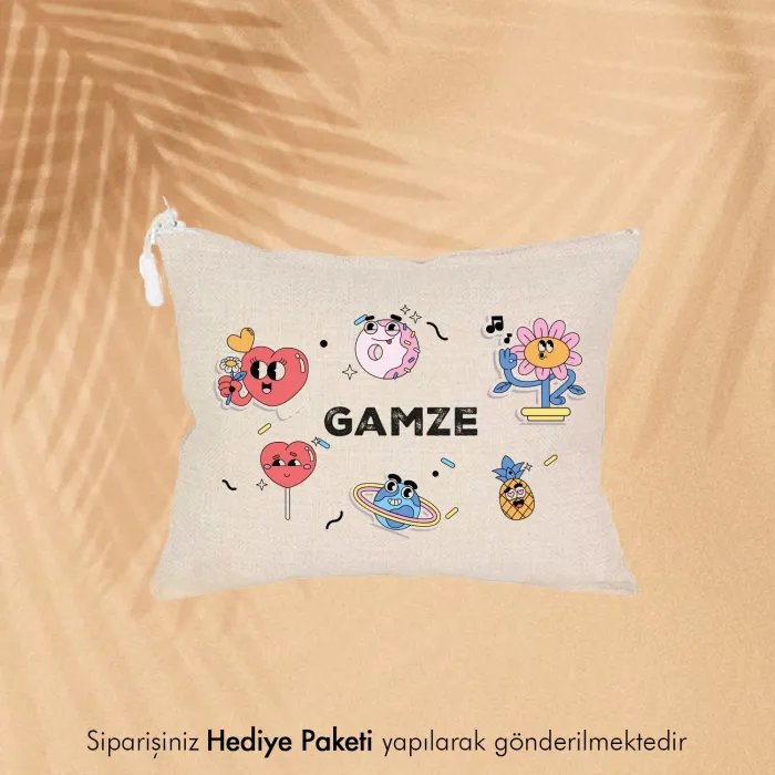 Kişiye Özel İsimli Eğlenceli Keten El Cüzdanı Çanta