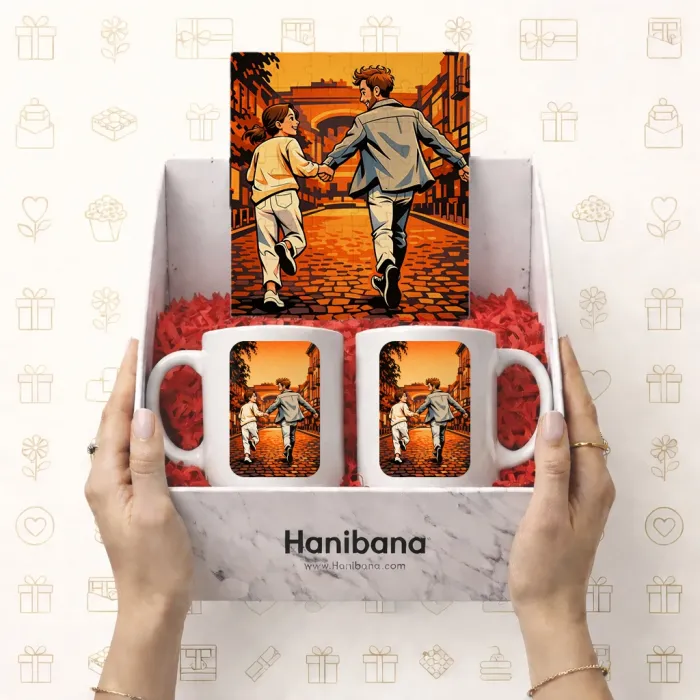 Kişiye Özel Karikatürlü 2’li Kupa ve A5 Puzzle Hediye Kutusu