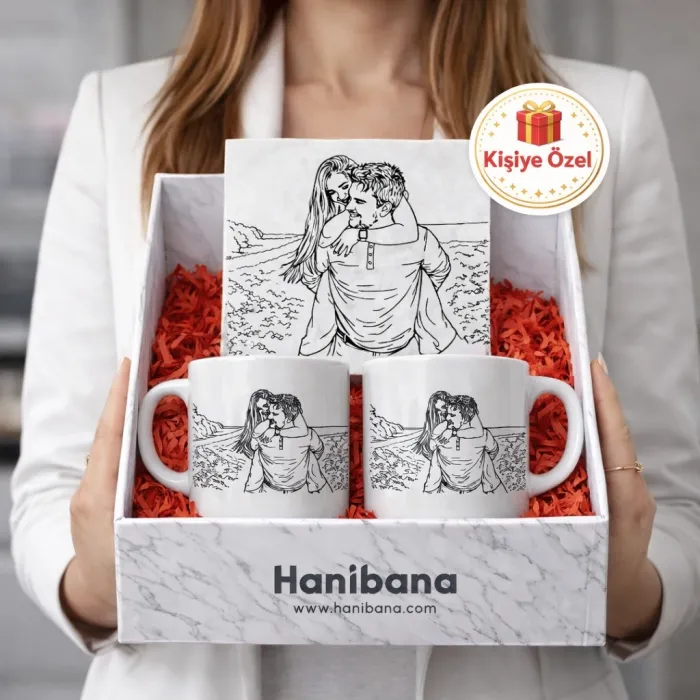 Kişiye Özel Lineart Çizim Baskılı Doğaltaş ve 2’li Kupa Hediye Seti