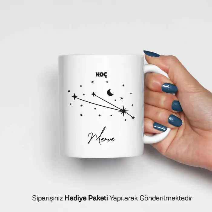 Koç Burcu Yıldız Haritalı Kişiye Özel İsimli Kupa Bardak
