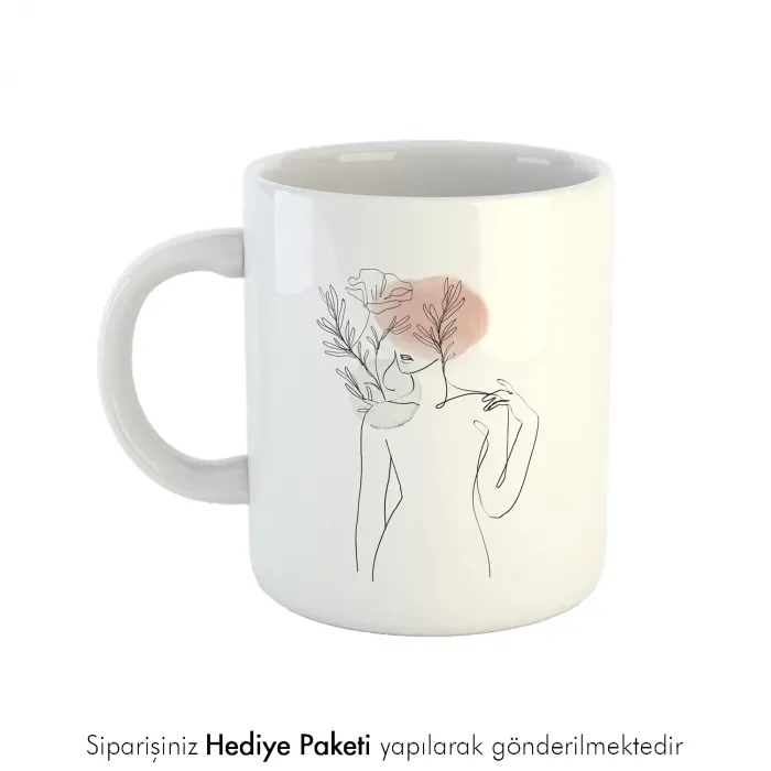 Line Art Çiçekli Kadın Tasarımlı Kahve Kupası